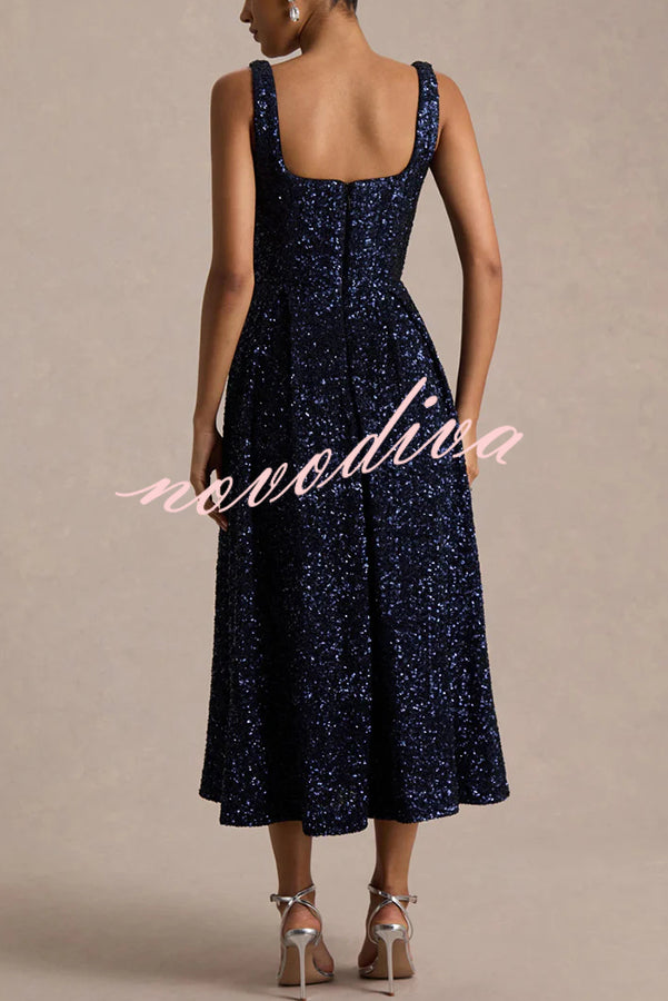 Effortless Sparkle Sequin Square Neck Wide Strap A-Line Midi Dress