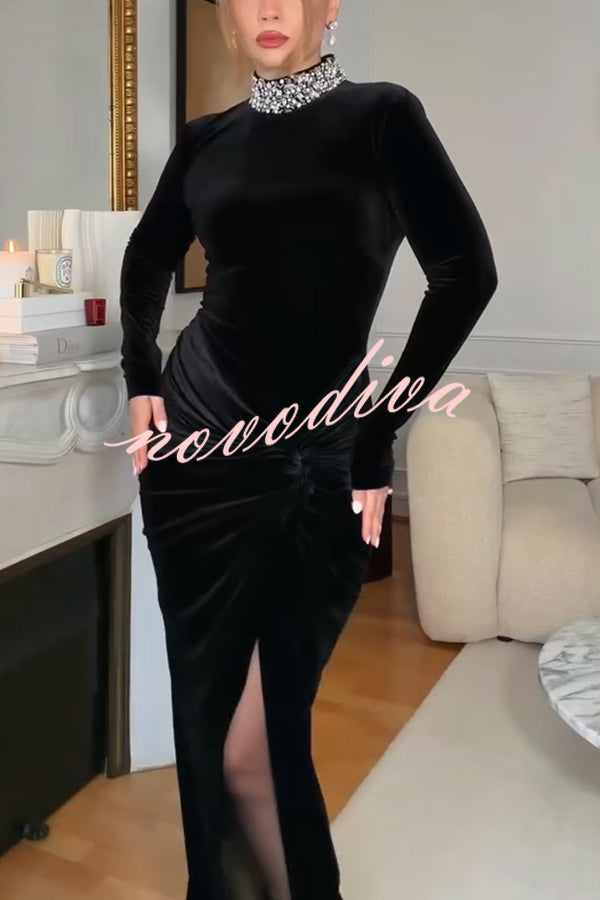 Love Lost Velvet Embellished High Neck Long Sleeve Twist Slit Maxi Dress