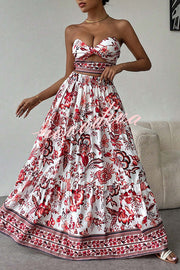 Floral Print Cutout Bandeau Top and Elastic Waist Full Maxi Skirt Set