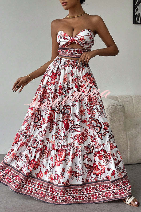 Floral Print Cutout Bandeau Top and Elastic Waist Full Maxi Skirt Set