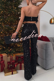 Chic Party Season Sequin High Rise Elastic Waist Flared Stretch Pants