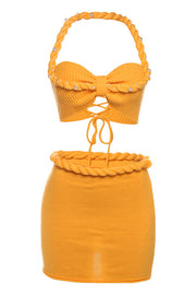 Sexy Halterneck Pearl-embellished Lace-up Tank and Fitted Knit Mini Skirt Set