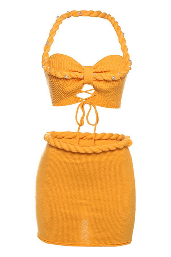 Sexy Halterneck Pearl-embellished Lace-up Tank and Fitted Knit Mini Skirt Set