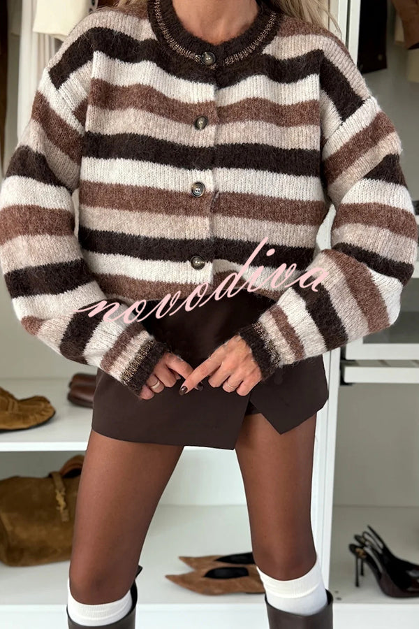 Chilly Days Fashion Knit Striped Button Up Long Sleeve Relaxed Cardigan