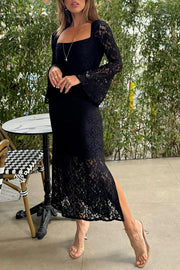 Luxe Lifestyle Lace Square Neck Bell Sleeve Lined Slit Midi Dress