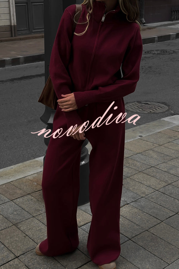 Effortlessly Stylish Ribbed Zipper High Neck Sweatshirt and Elastic Waist Pocketed Loose Pants Set