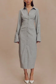 Elegant Energy Button Up Long Flare Sleeve Fitted Shirt Midi Dress