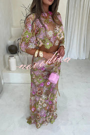 Fashionable Embroidered Flower Sequined Crop Top and Elegant Sheer Maxi Skirt Set