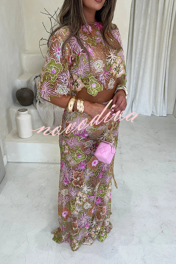 Fashionable Embroidered Flower Sequined Crop Top and Elegant Sheer Maxi Skirt Set