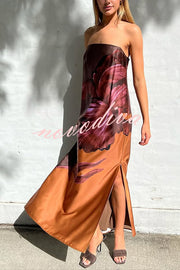 Drawing Inspiration Satin Floral Print Off Shoulder A-line Slit Maxi Dress