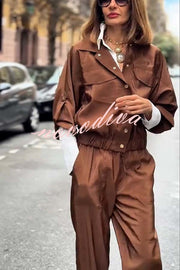 Street Charm Glossy Fabric Button Pocket Cargo Jacket and Elastic Waist Jogger Pants Set