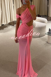 Ceilia Mesh Off Shoulder Cutout Waist Ruched Stretch Maxi Dress