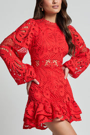 Solid Color Hollow Long-sleeved Waisted Lace Mini Dress