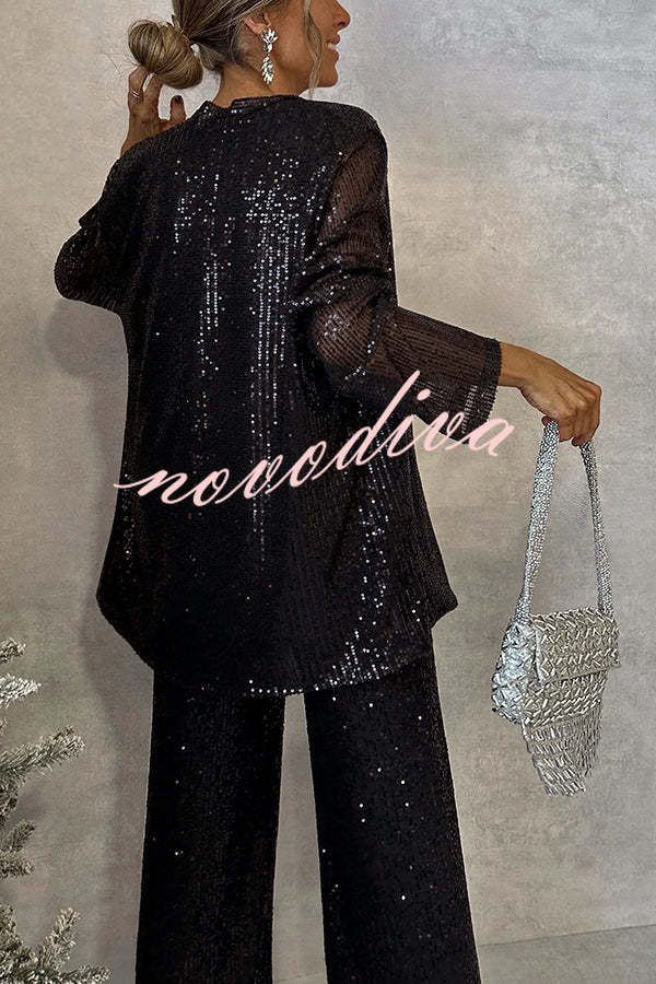 Party Scene Sequin Open Front Long Sleeve Drape Coat