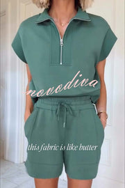 Buttery Touch Half-Zip Short Sleeve Sweatshirt and Elastic Waist Pocket Casual Shorts Set