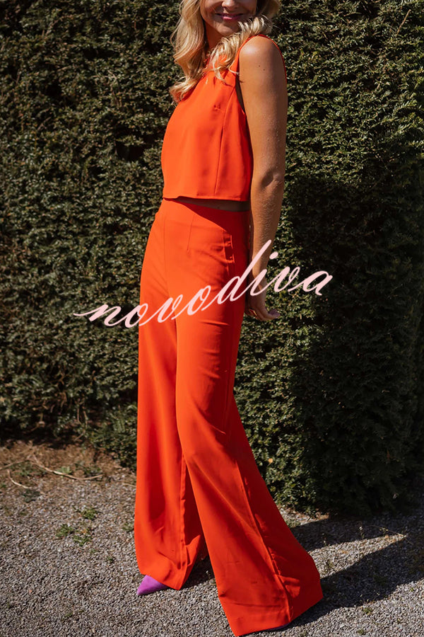 Modern and Elegant Solid Crop Tank and High Rise Flare Loose Pants Set