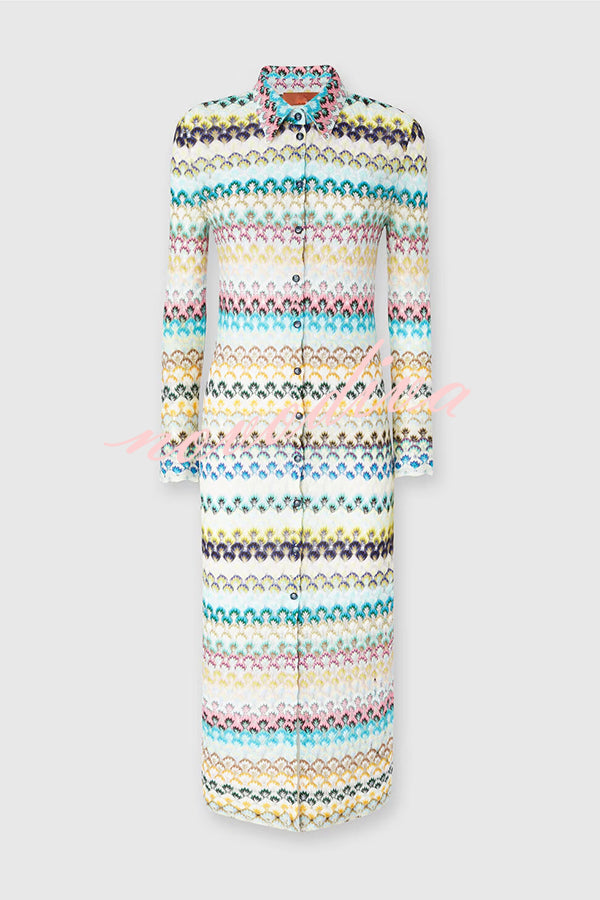 Anna Knit Colorful Herringbone Print Shirt Neck Button Long Sleeve Slim-fit Long Cardigan