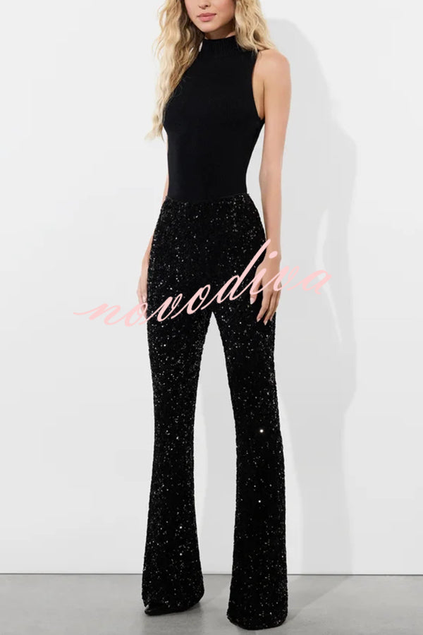 Sparkle Season Sequin High Rise Elastic Waist Stretch Flare Party Pants