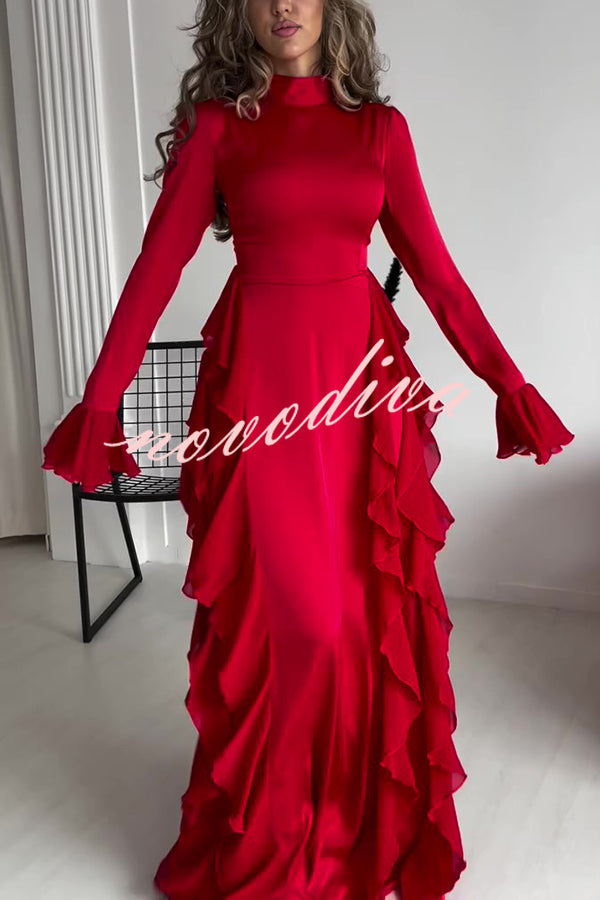 Cline Solid Color High Neck Long Sleeve Elegant Ruffles Maxi Dress