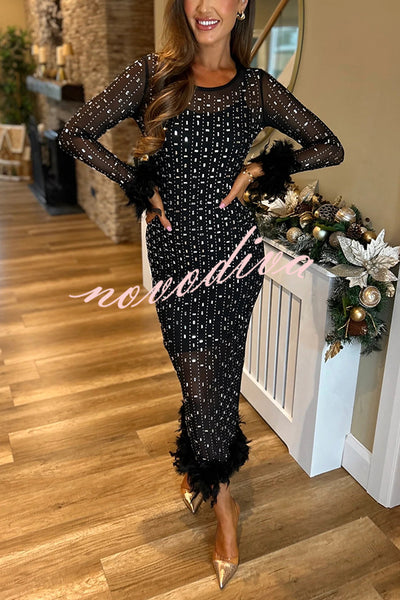 Sexy Long Sleeve Round Neck Feather Edge Rhinestone Decoration Slim Fit Maxi Dress