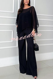 Vanie Chiffon Cape Batwing Sleeve Top and High Waist Pocket Wide Leg Pants Set