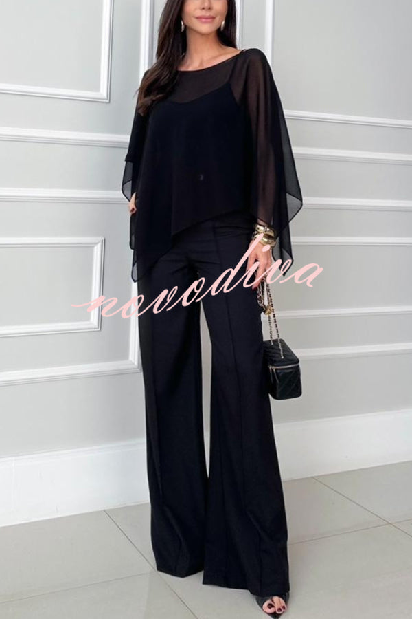 Vanie Chiffon Cape Batwing Sleeve Top and High Waist Pocket Wide Leg Pants Set