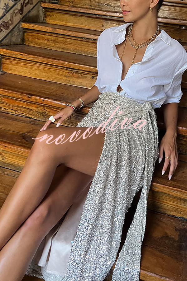 Disco Dancing Queen Sequin Wrap Tie-up Slit Midi Skirt