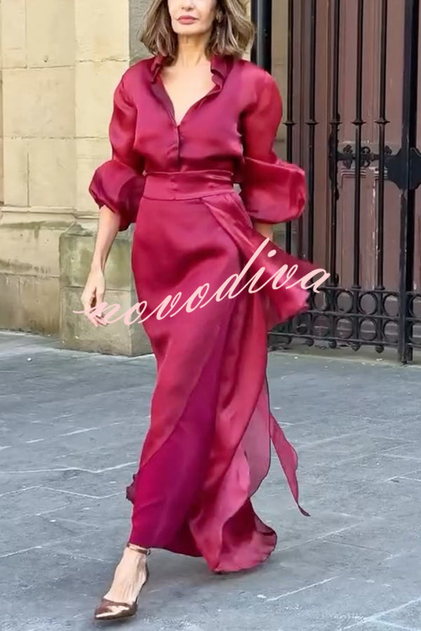 Lily Chiffon Bow Detail Puff Sleeve Blouse and Elegant Layered Maxi Skirt Set