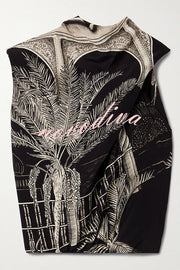 Satin Botanical Print Sleeveless Lounge Top and Midi Skirt Set