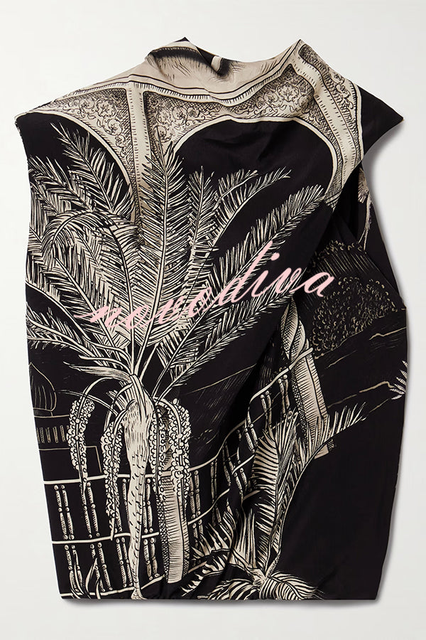 Satin Botanical Print Sleeveless Lounge Top and Midi Skirt Set