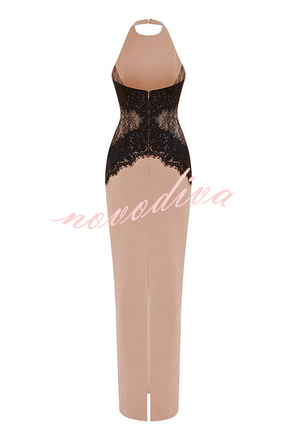 Sexy Halterneck Lace Paneled Backless Slim Maxi Dress