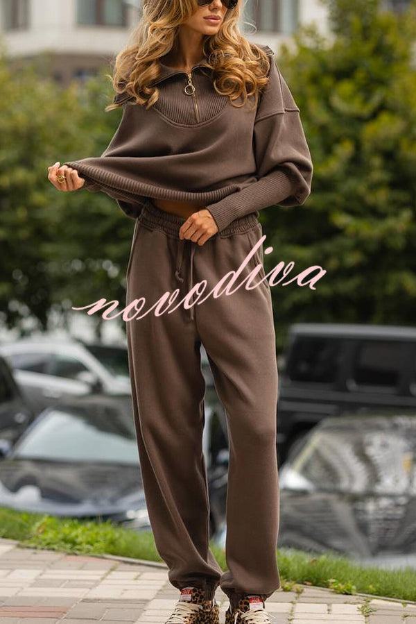 Solid Color Long-sleeved Zip-up Sweatshirt and Elastic Waist Loose Pocket Pants Set