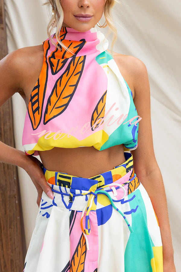 Maison Linen Blend Unique Print High Neck Top and Elastic Tie-up Waist Pocket Wide Leg Pants Set