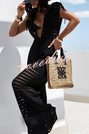 Solid Color Knitted V-neck Holiday Hollow Casual Jumpsuit