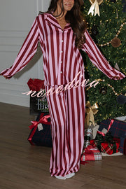 Courtney Satin Colorblock Striped Loose Shirt and Elastic Waist Pocketed Pajama Set