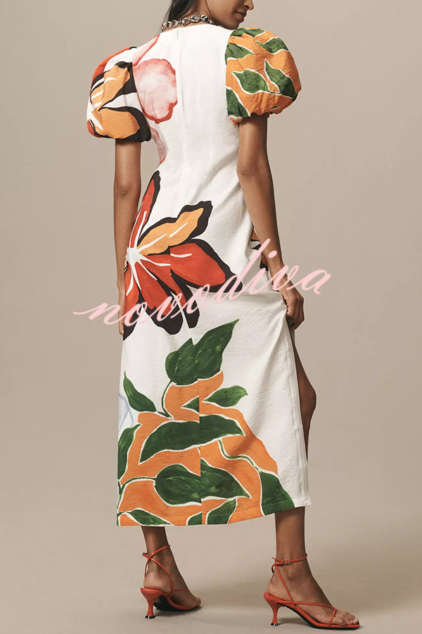 Summer Gala Floral Print Puff-Sleeve A-Line Slit Maxi Dress