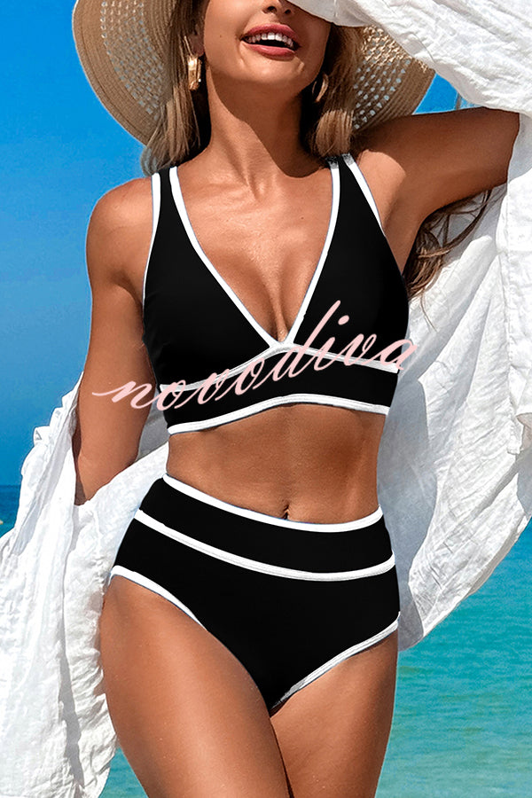 Solid Color Contrast High Waist Stretch Bikini Swimsuit