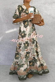 Floral Print V-neck Short Sleeve Waist Loose Full Hem Maxi Dress