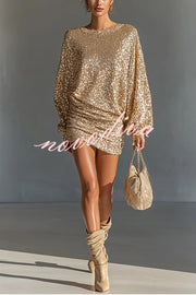 Glow Season Sequin Long Lantern Sleeve Ruched Hip Loose Mini Dress