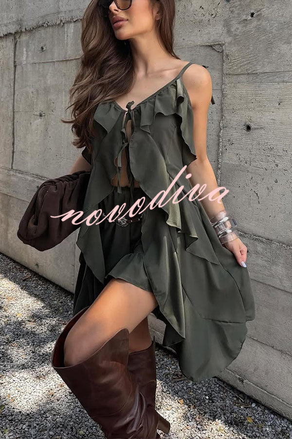 Beauty of Flow Ruffles Tie-up Slit Midi Top and Elastic Waist Shorts Set