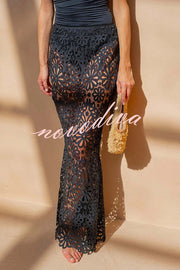 Balmy Summers Crochet Lace Floral Pattern Elastic Waist Fishtail Vacation Maxi Skirt