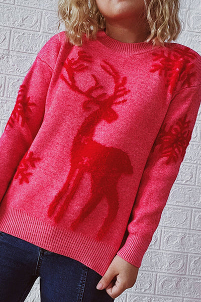 Christmas Pattern Knitted Crew Neck Long Sleeved Sweater