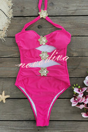 Sun and Sea Hollow Metal Flower Decoration Stretch One-piece Swimsuit