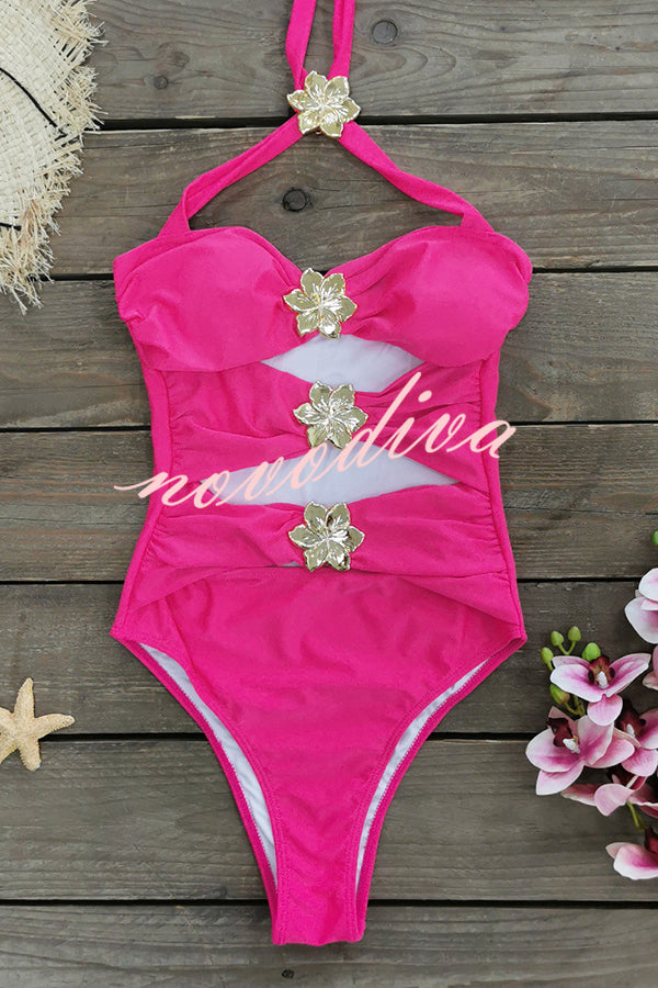Sun and Sea Hollow Metal Flower Decoration Stretch One-piece Swimsuit