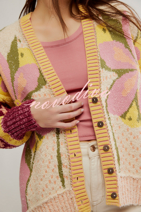 Floral Pattern Loose Long-sleeved Knitted Cardigan