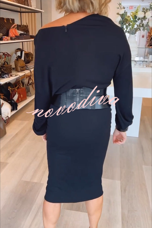 Winston Faux Leather Patchwork Wide Belt Design One Shoulder Stretch Midi Dress