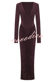Sexy See-through Long-sleeved V-neck Pleated Slim-fit Maxi Dress