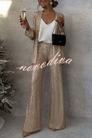 Party Scene Sequin Open Front Long Sleeve Drape Coat