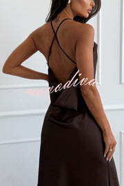 Jensin Satin Lace Trim Cowl Neck Back Cross Lace-up Slit Midi Dress