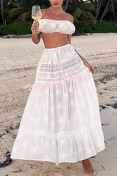 Boho Statement Floral Texture Lace Crop Top and Elastic Waist A-line Maxi Skirt Set